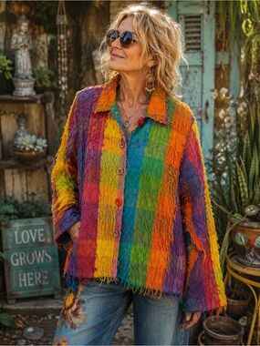 Boho Rainbow Patchwork Fringe Cotton Blend Jacket